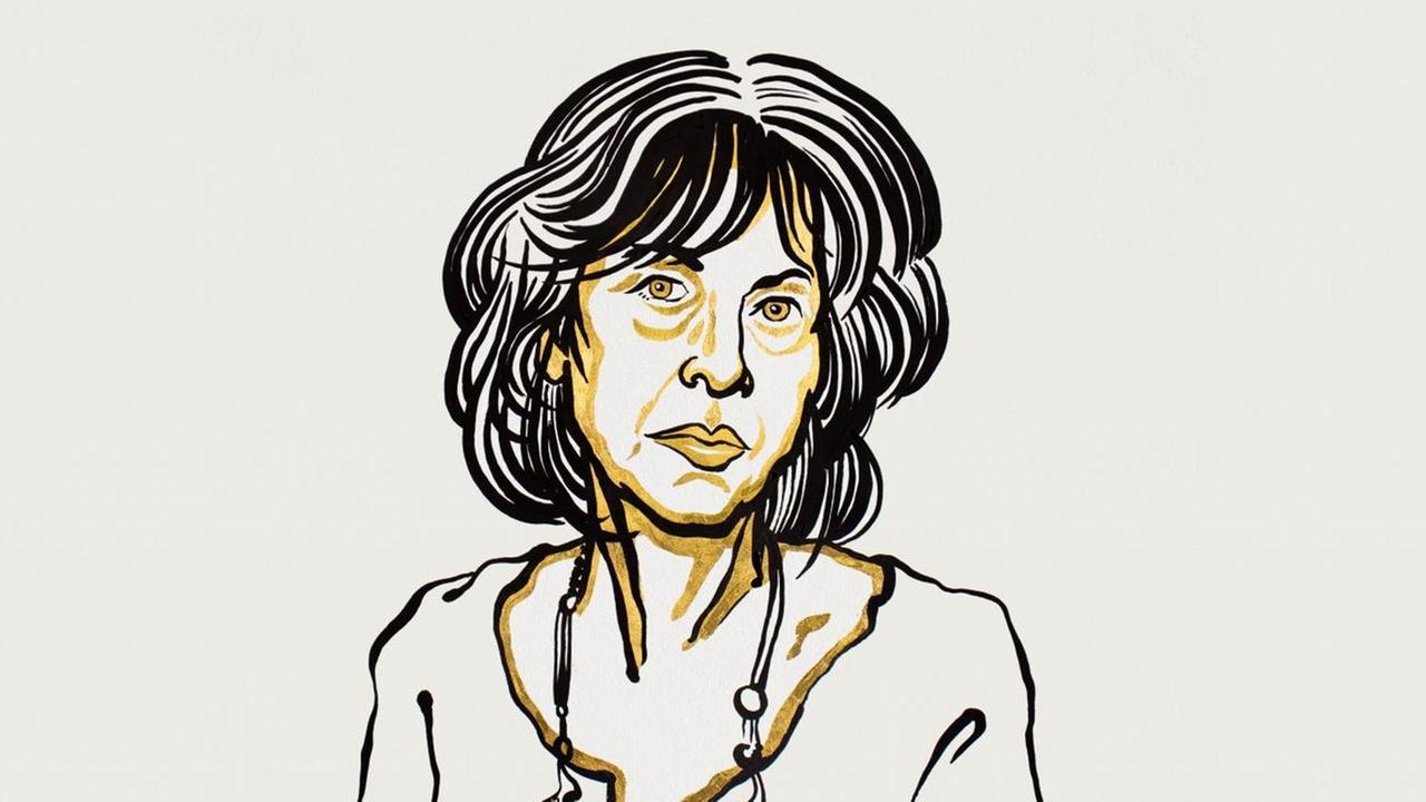 Ein gezeichnetes Porträt von Louise Glück. Ein gezeichnetes Porträt von Louise Glück.