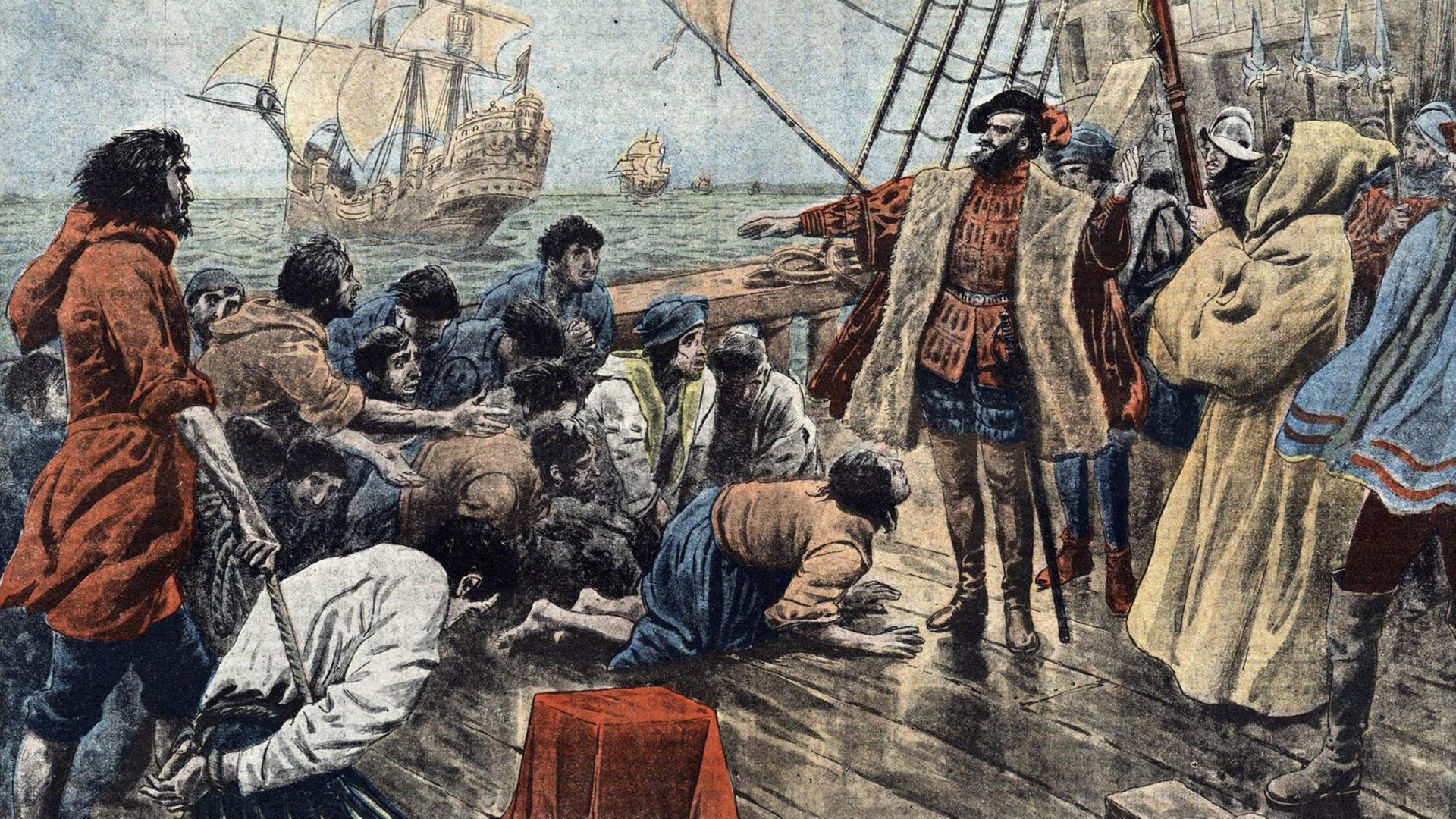 Der Seefahrer und Entdecker Fernand de Magellan (1480-1521) greift durch 1520, als es zu einer Meuterei während der Reise der ersten Erdumrundung kommt. Der Seefahrer und Entdecker Fernand de Magellan (1480-1521) greift durch 1520, als es zu einer Meuterei während der Reise der ersten Erdumrundung kommt.