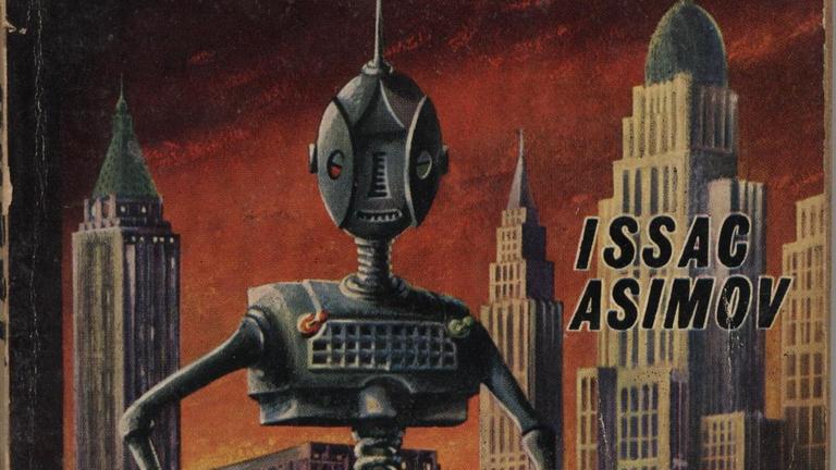 Ein Robotor vor Skyline: Buchcover von "I, Robot" von Isaac Asimov, erschienen 1958. Ein Robotor vor Skyline: Buchcover von "I, Robot" von Isaac Asimov, erschienen 1958.