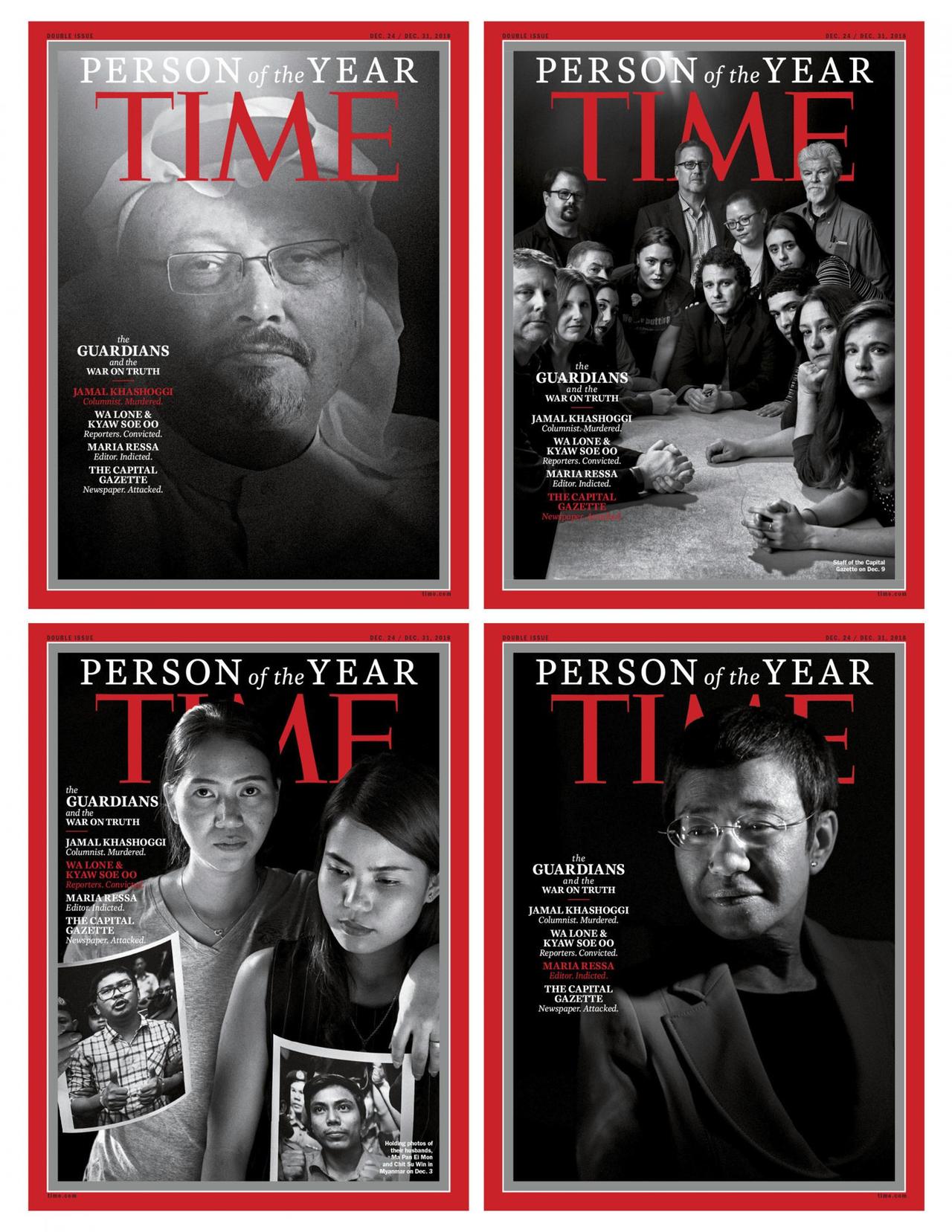 Vier Cover des "Time Magazine" zeigen Journalisten und Journalistinnen, die 2018 als "guardians and the war on truth" zur "Person of the Year" ernannt wurden: Jamal Khashoggi (oben links), Mitglieder der "Capital Gazette" aus Annapolis (oben rechts), Wa Lone and Kyaw Soe Oo (unten links) und Maria Ressa (unten rechts) . Vier Cover des "Time Magazine" zeigen Journalisten und Journalistinnen, die 2018 als "guardians and the war on truth" zur "Person of the Year" ernannt wurden: Jamal Khashoggi (oben links), Mitglieder der "Capital Gazette" aus Annapolis (oben rechts), Wa Lone and Kyaw Soe Oo (unten links) und Maria Ressa (unten rechts) .