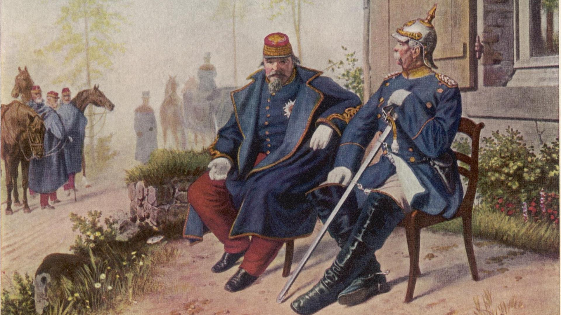 Nacht der Schlacht bei Sedan: Ein Gemälde zeigt den siegrreichen Bismarck im Gespräch mit dem unterlegenen Napoleon III., (gemalt von Camphausen). Nacht der Schlacht bei Sedan: Ein Gemälde zeigt den siegrreichen Bismarck im Gespräch mit dem unterlegenen Napoleon III., (gemalt von Camphausen).