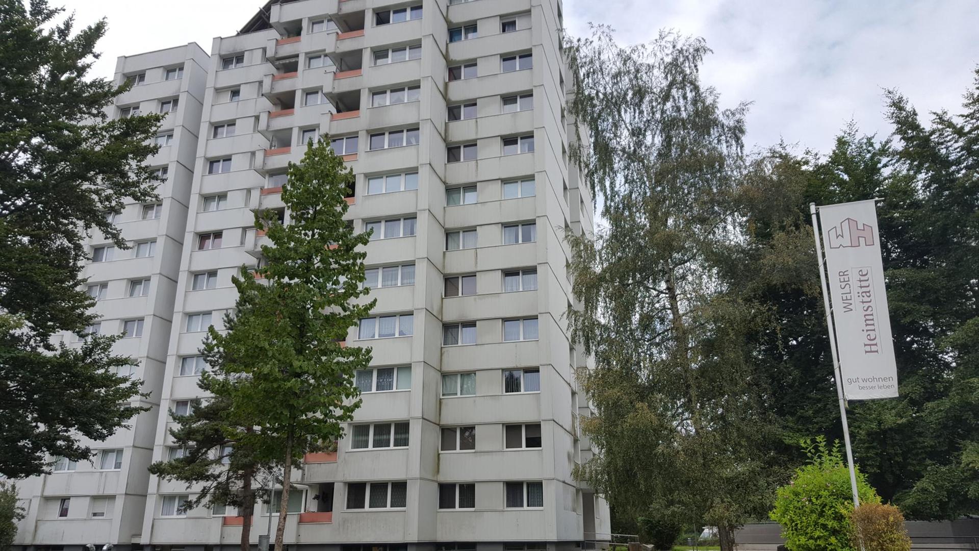 Ein Hochhausfassade im Problemviertel Noitzmühle in Wels in Österreich. Ein Hochhausfassade im Problemviertel Noitzmühle in Wels in Österreich.