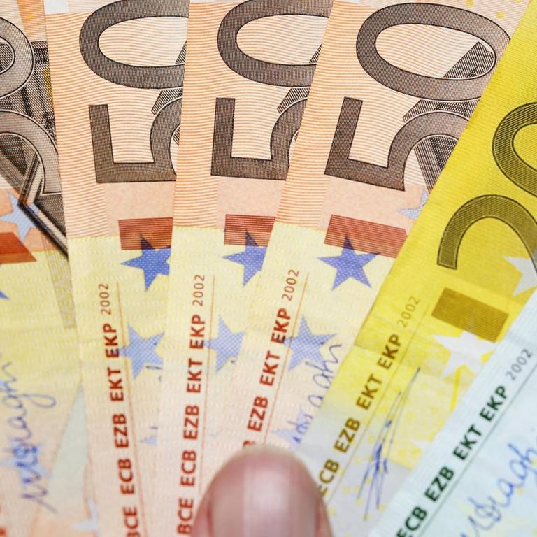 Eine Hand hält Euro-Geldscheinwie einen Fächer.  | Verwendung weltweit