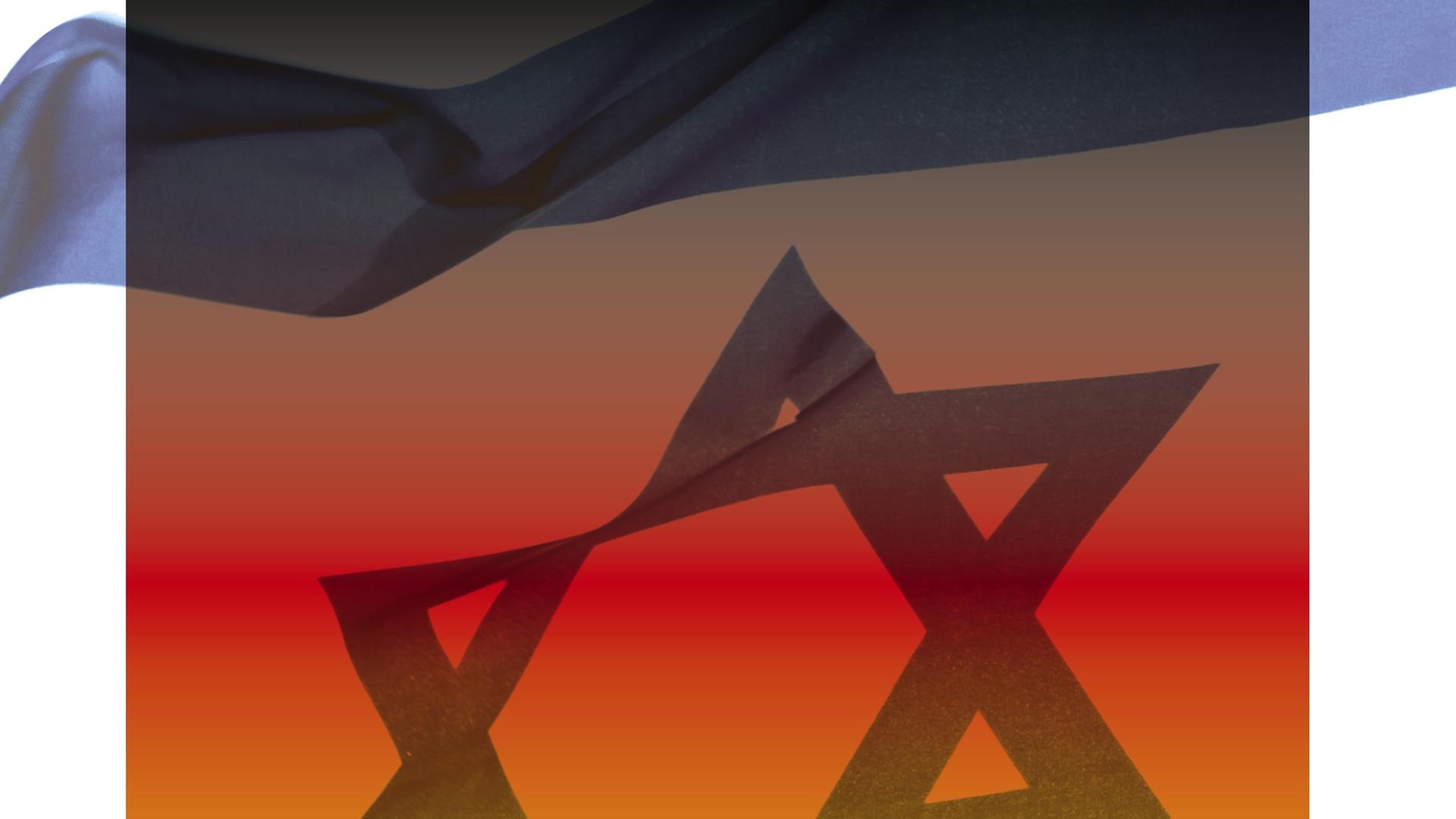 Zu sehen ist die israelische Nationalfahne, die durch einen schwarz-rot-goldenen Farbverlauf überlagert wird Zu sehen ist die israelische Nationalfahne, die durch einen schwarz-rot-goldenen Farbverlauf überlagert wird