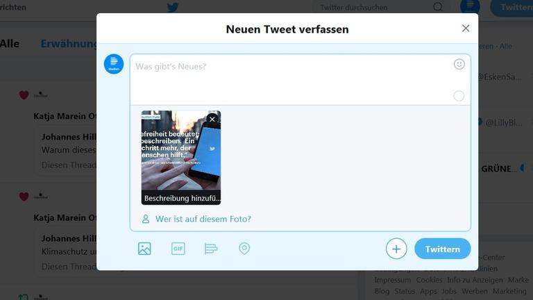 Der Screenshot eines Tweets, in dem bei einem angefügten Bild eine Beschreibung abgefragt wird Der Screenshot eines Tweets, in dem bei einem angefügten Bild eine Beschreibung abgefragt wird