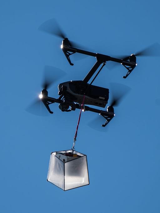 Eine Drohne fliegt mit einem kleinen Paket vor blauem Himmel.