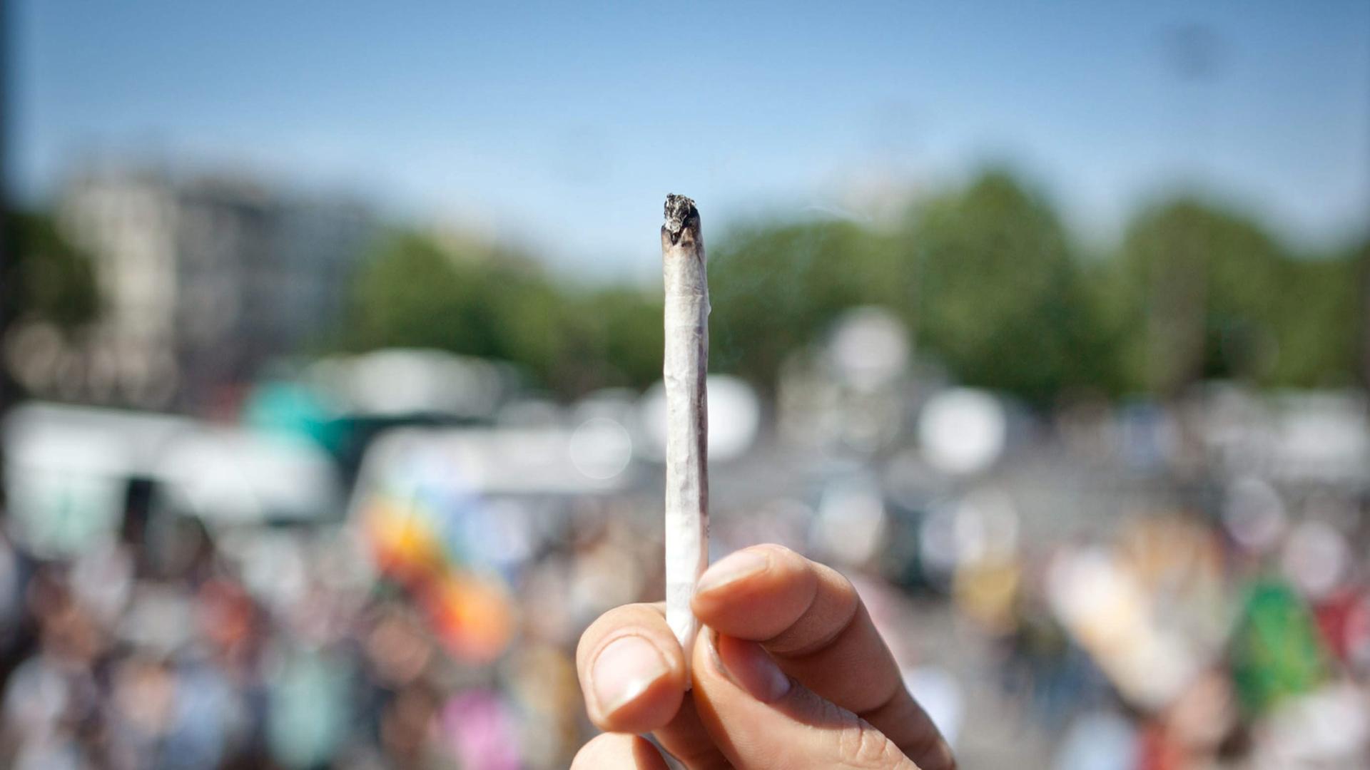 Eine Frau hält einen Joint in der Hand auf dem "Marche mondiale du Canabis" in Paris. Eine Frau hält einen Joint in der Hand auf dem "Marche mondiale du Canabis" in Paris.