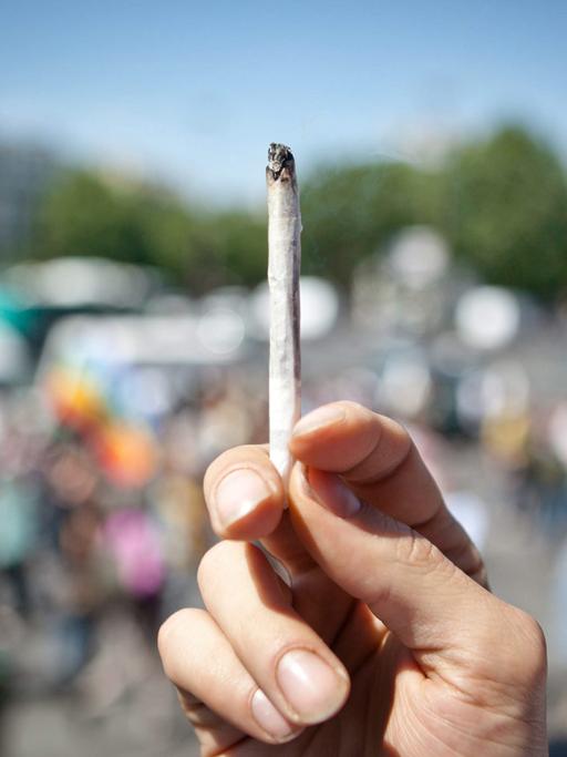 Eine Frau hält einen Joint in der Hand auf dem "Marche mondiale du Canabis" in Paris.