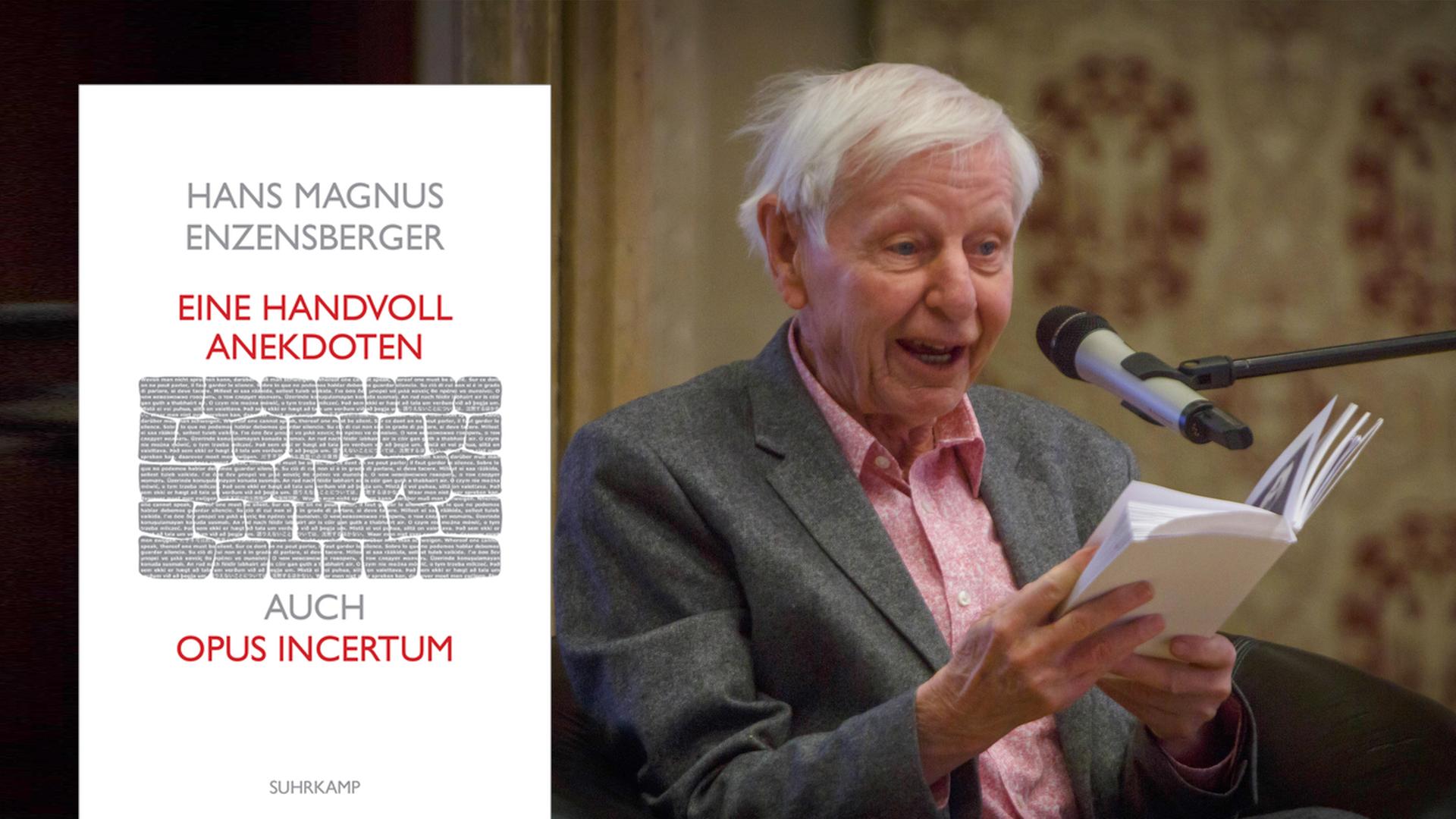 Cover von Hans Magnus Enzensbergers Buch "Eine Handvoll Anekdoten". Im Hintergrund ist Enzensberger zu sehen, als er diesem Buch vorliest. Cover von Hans Magnus Enzensbergers Buch "Eine Handvoll Anekdoten". Im Hintergrund ist Enzensberger zu sehen, als er diesem Buch vorliest.