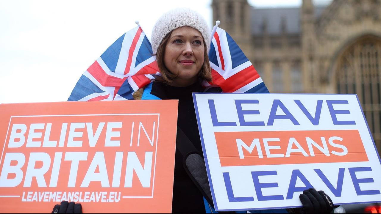 Eine Frau protestiert am 15.1.2019, dem Tag der Abstimmung, mit zwei Schildern vor dem britischen Unterhaus in London.