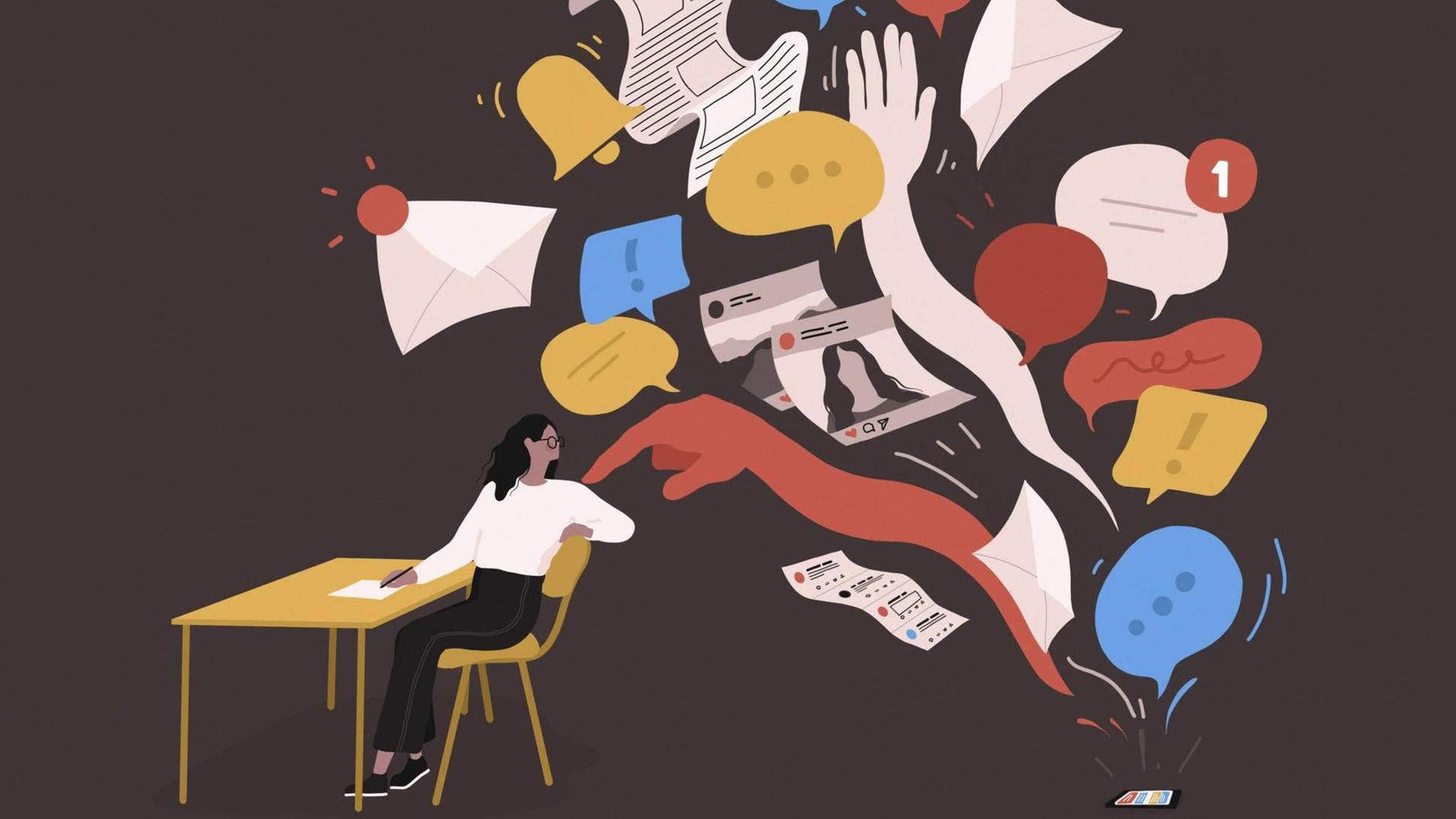 Illustration: Teenagerin versucht zu arbeiten, wird aber durch Soziale Medien abgelenkt. Illustration: Teenagerin versucht zu arbeiten, wird aber durch Soziale Medien abgelenkt.
