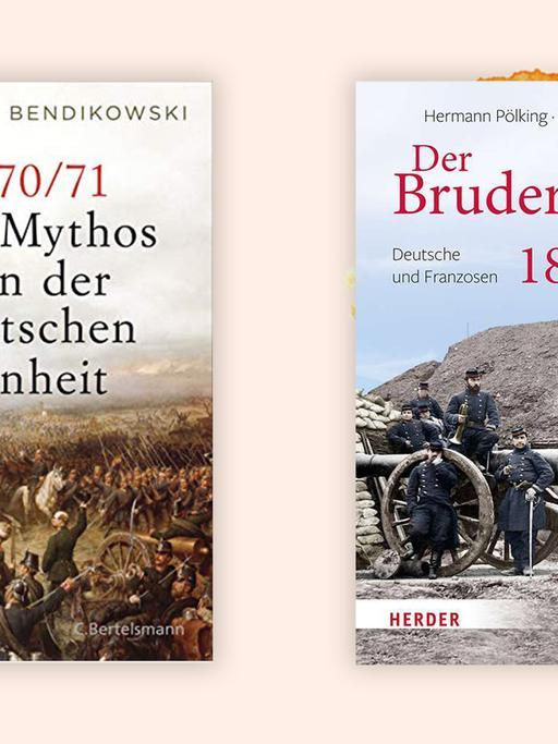 Die Cover von "Der Mythos von deutscher Einheit" und "Der Bruderkrieg 1870/71" auf orangefarbenem Untergrund.