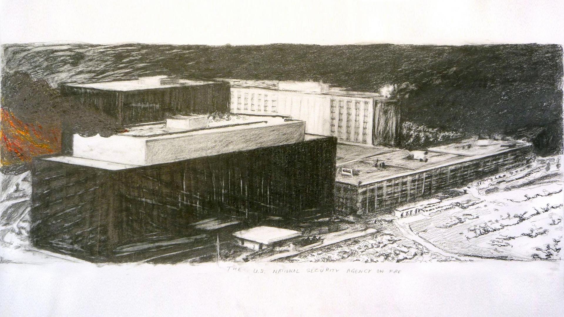 Suzanne Treister The U.S. National Security Agency on Fire, 2010 Venus pencil on watercolour paper 63 x 122 cm
Courtesy: Annely Juda Fine Art, London and P.P.O.W. Gallery, New York Suzanne Treister The U.S. National Security Agency on Fire, 2010 Venus pencil on watercolour paper 63 x 122 cm
Courtesy: Annely Juda Fine Art, London and P.P.O.W. Gallery, New York
