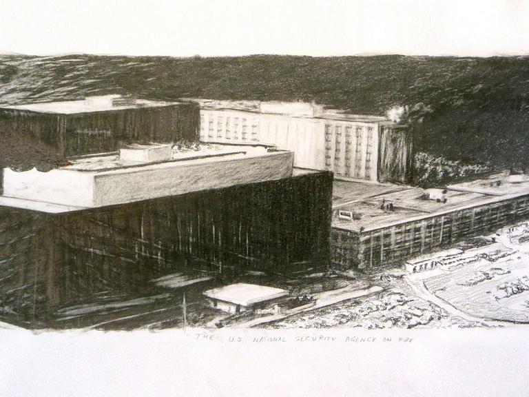 Suzanne Treister The U.S. National Security Agency on Fire, 2010 Venus pencil on watercolour paper 63 x 122 cm  Courtesy: Annely Juda Fine Art, London and P.P.O.W. Gallery, New York