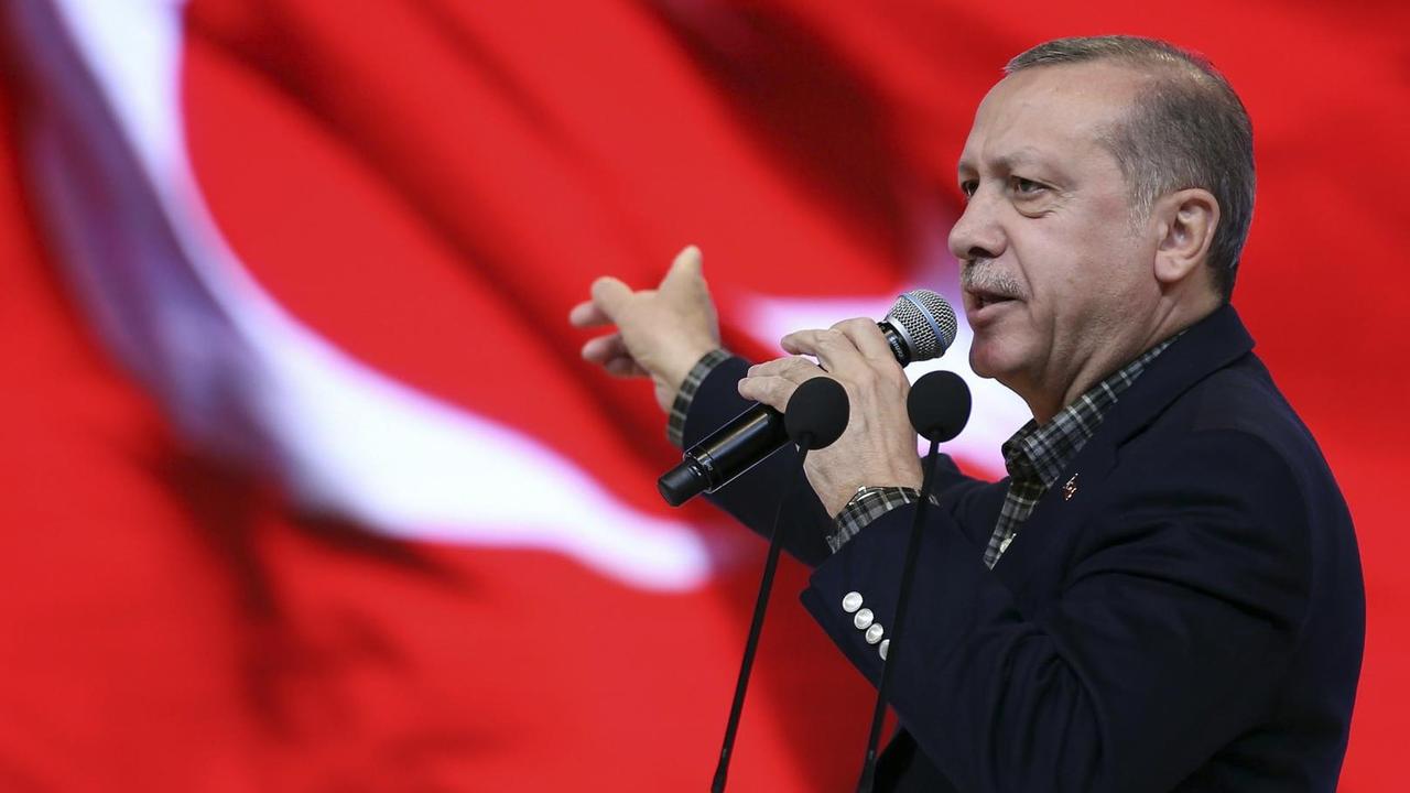 Der türkische Ministerpräsident Erdogan spricht in ein Mikrofon und zeit auf eine türkische Flagge hinter ihm. Der türkische Ministerpräsident Erdogan spricht in ein Mikrofon und zeit auf eine türkische Flagge hinter ihm.