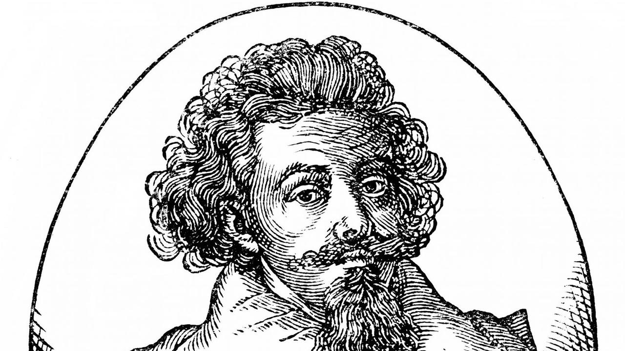 Historische Zeichnung eines Mannes mit lockigen Haaren und Umhang mit üppigen Kragen. Historische Zeichnung eines Mannes mit lockigen Haaren und Umhang mit üppigen Kragen.