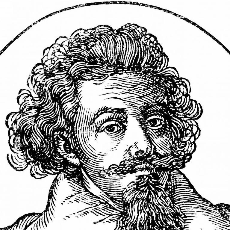 Historische Zeichnung eines Mannes mit lockigen Haaren und Umhang mit üppigen Kragen. 