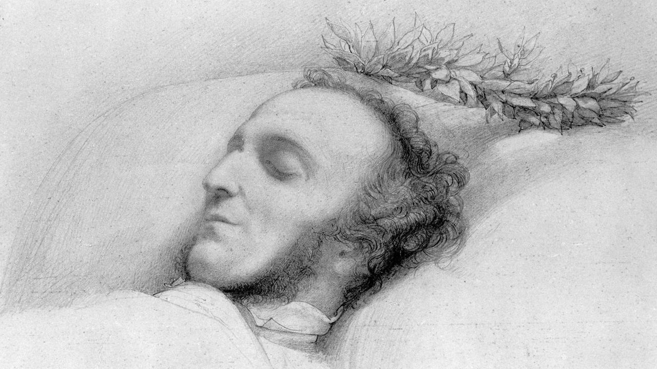 Zeichnung aus dem Jahr 1847 vom mit Lorbeerkranz geschmückten Sterbebett Felix Mendelssohns.