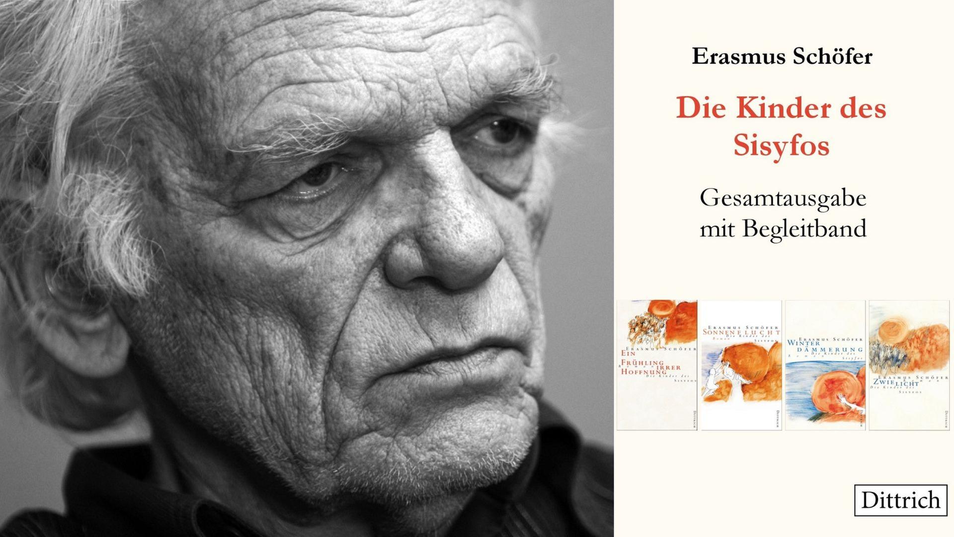Zu sehen ist der Autor Erasmus Schöfer und das Cover seines Buches "Die Kinder des Sisyfos". Zu sehen ist der Autor Erasmus Schöfer und das Cover seines Buches "Die Kinder des Sisyfos".