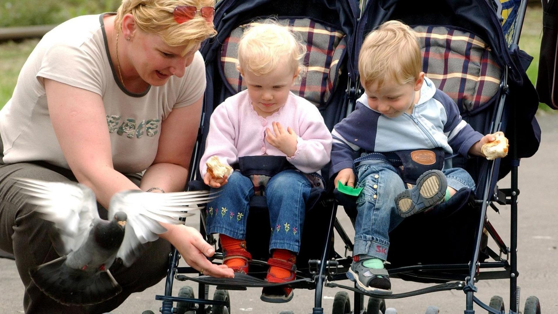 In einer Parkanlage im nordwestpolnischen Szczecin (Stettin) füttert eine Frau mit ihren beiden Kindern Tauben. In einer Parkanlage im nordwestpolnischen Szczecin (Stettin) füttert eine Frau mit ihren beiden Kindern Tauben.