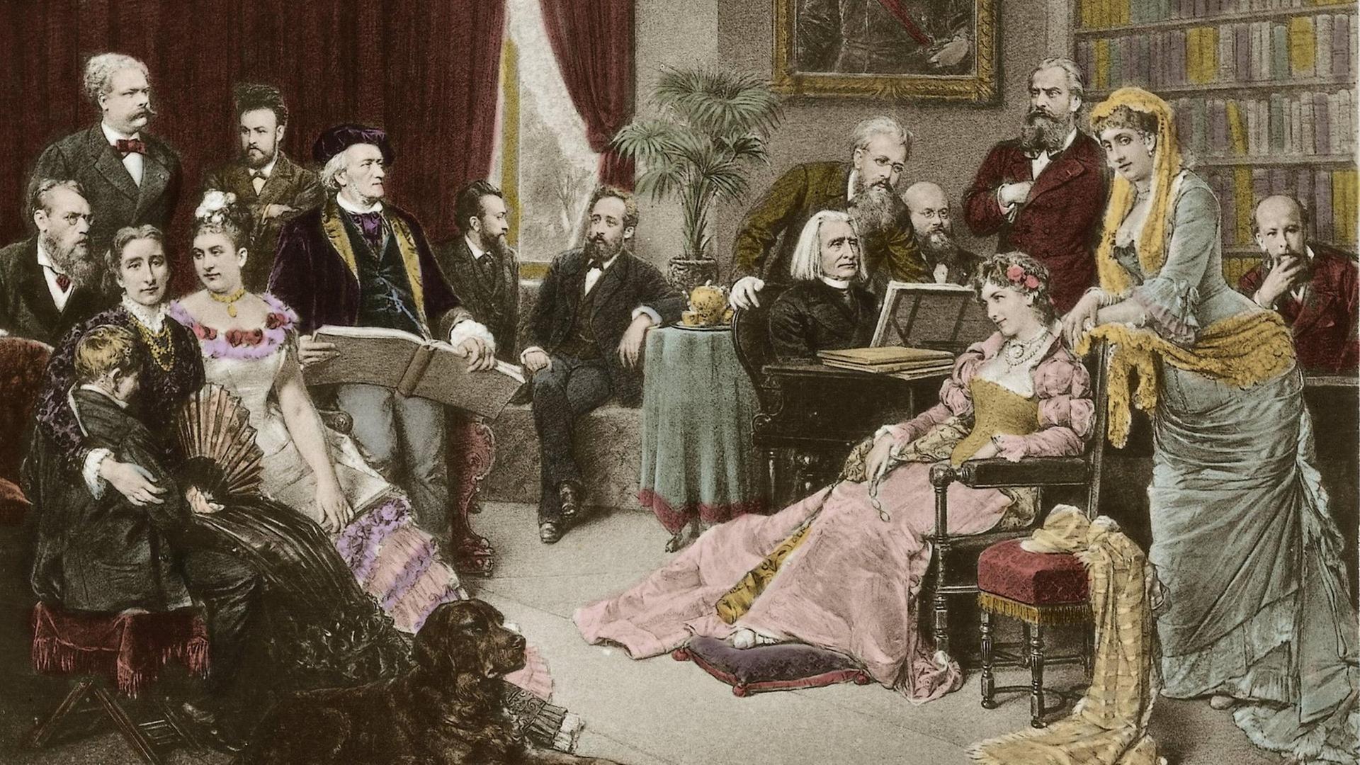 Richard Wagner und Liszt in Bayreuth mit Cosima und Siegfried, ein Gemälde von Fritz Georg Papperitz. (Von Links nach Rechts: Siegfried Wagner und Cosima Wagner, geborene Liszt, Amalie Materna, Richard Wagner. Hinten: Franz von Lenbach, Emil Scaria, Fr. Fischer, Fritz Brand, Herman Levi. Weiter: Franz Liszt, Hans Richter, Franz Betz, Albert Niemann, Marie von Schleinitz Wolkenstein, Comtesse Usedom und Paul Joukowski. Richard Wagner und Liszt in Bayreuth mit Cosima und Siegfried, ein Gemälde von Fritz Georg Papperitz. (Von Links nach Rechts: Siegfried Wagner und Cosima Wagner, geborene Liszt, Amalie Materna, Richard Wagner. Hinten: Franz von Lenbach, Emil Scaria, Fr. Fischer, Fritz Brand, Herman Levi. Weiter: Franz Liszt, Hans Richter, Franz Betz, Albert Niemann, Marie von Schleinitz Wolkenstein, Comtesse Usedom und Paul Joukowski.
