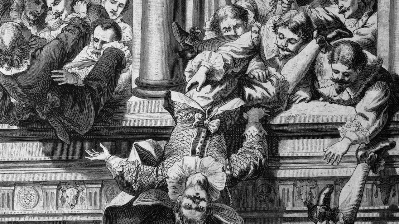 Eine historische Illustration aus dem 19. Jahrhundert zeigt den Prager Fenstersturz Eine historische Illustration aus dem 19. Jahrhundert zeigt den Prager Fenstersturz