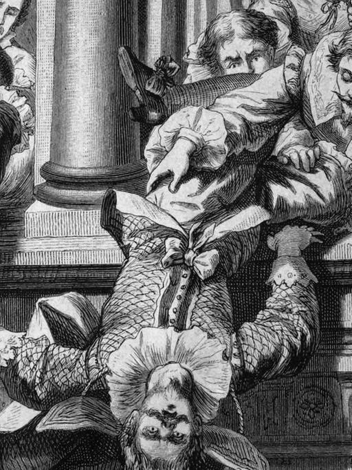 Eine historische Illustration aus dem 19. Jahrhundert zeigt den Prager Fenstersturz