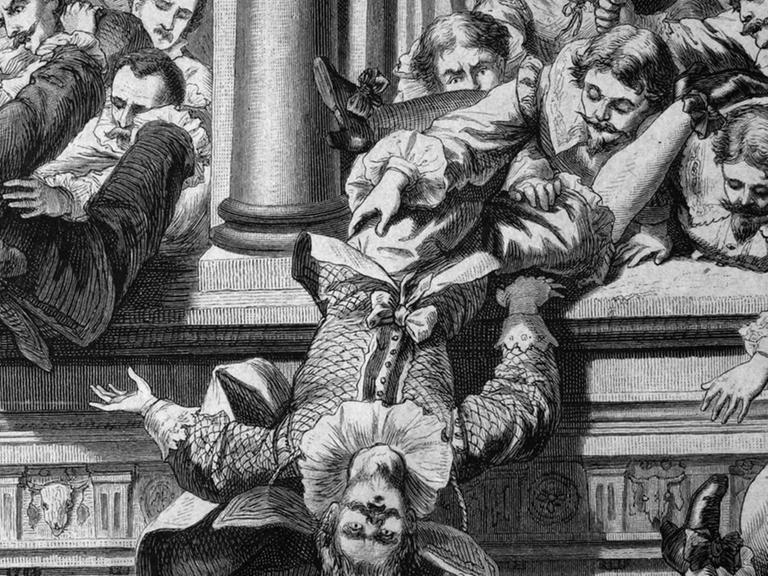 Eine historische Illustration aus dem 19. Jahrhundert zeigt den Prager Fenstersturz