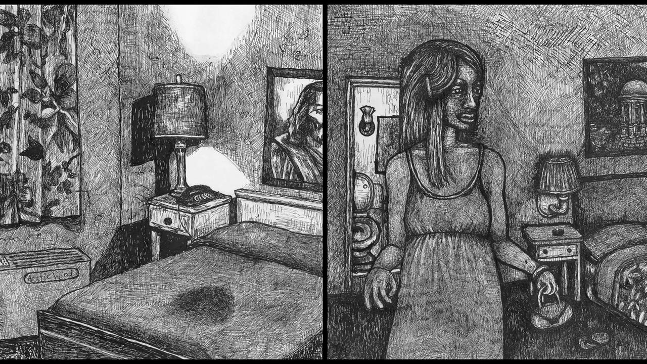 Zwei Tuschezeichnungen: Sie zeigen ein leeres Motelzimmer und eine junge Frau in einem Motelzimmer. Zwei Tuschezeichnungen: Sie zeigen ein leeres Motelzimmer und eine junge Frau in einem Motelzimmer.
