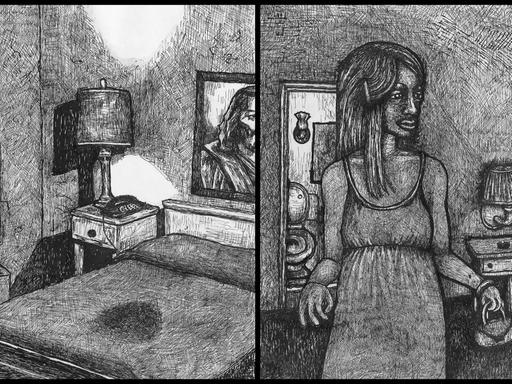 Zwei Tuschezeichnungen: Sie zeigen ein leeres Motelzimmer und eine junge Frau in einem Motelzimmer.