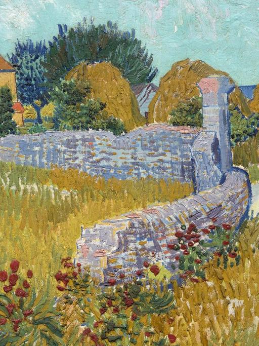 Das Bild "Bauernhaus in der Provence" von can Gogh: Grüne Wiesen, im Hintergrund sieht man ein Bauernhaus, Ölgemälde.