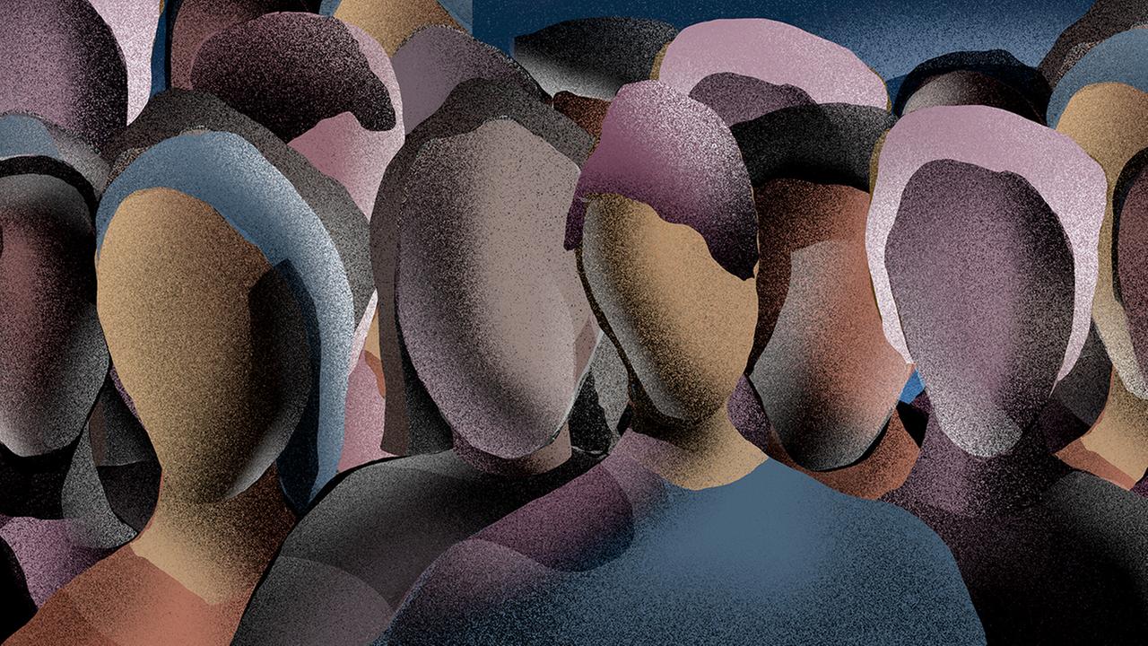 Die Illustration zeigt eine Gruppe von Menschen als Schemen, eng zusammenstehend. Die Gesichter der Menschen sind leer und sie ähneln den Köpfen von gesichtslosen Schaufensterpuppen. Die Illustration zeigt eine Gruppe von Menschen als Schemen, eng zusammenstehend. Die Gesichter der Menschen sind leer und sie ähneln den Köpfen von gesichtslosen Schaufensterpuppen.