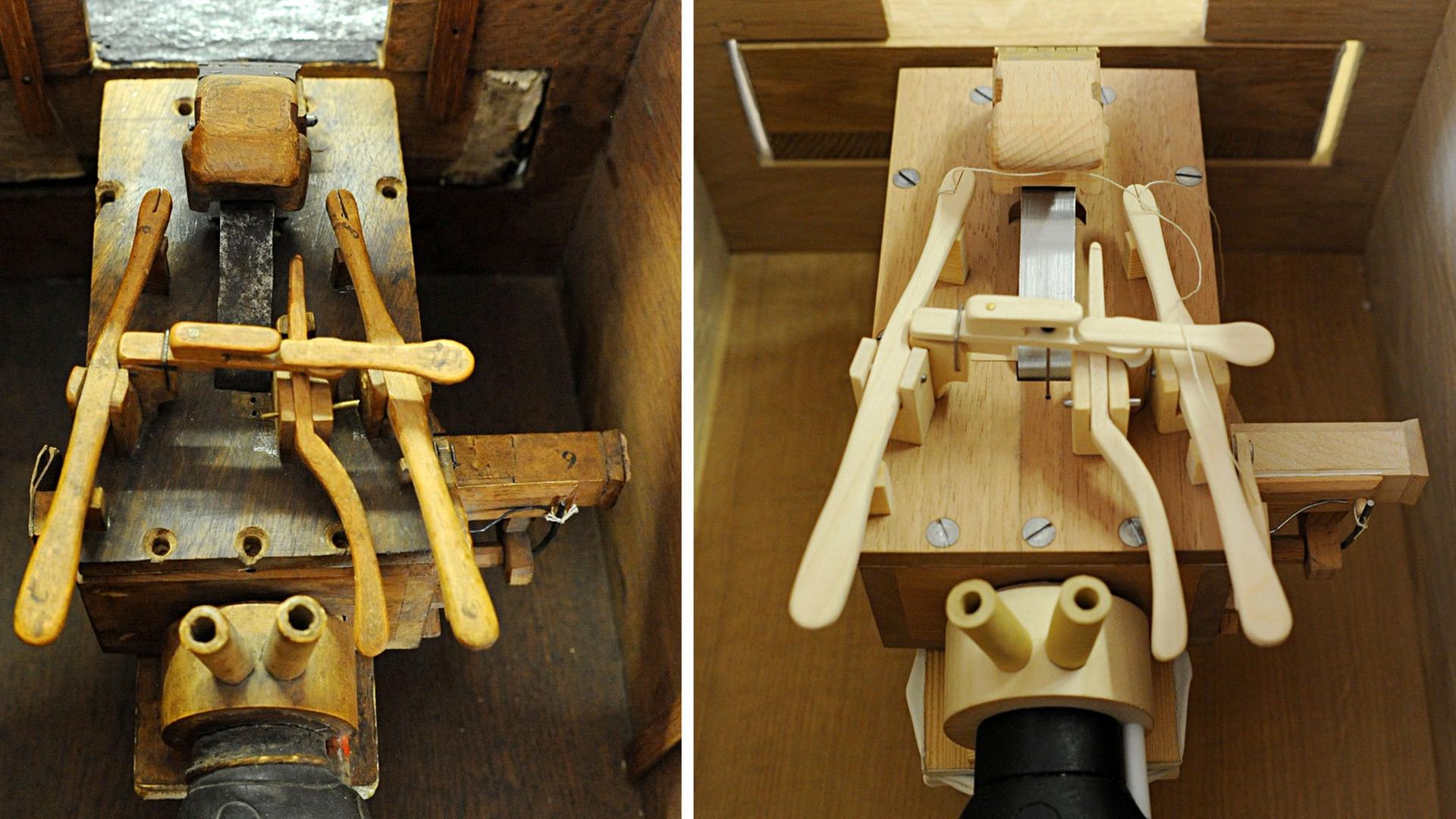 Die Bildkombo zeigt am 06.05.2014 einen Auszug einer originalen Sprachmaschine von Wolfgang von Kempelen (l) und einer nachgebauten Sprachmaschine (r) in der Modellbauwerkstatt des Deutschen Museums in München (Bayern). Mehr als 100 Mitarbeiter in 25 Werkstätten bauen und restaurieren die vielfach einzigartigen Exponate für das Museum. Foto: Rene Ruprecht/dpa (zu dpa "Tüftler bauen Sprechmaschine und begehbare Zelle für Deutsches Museum" vom 07.05.2014) Die Bildkombo zeigt am 06.05.2014 einen Auszug einer originalen Sprachmaschine von Wolfgang von Kempelen (l) und einer nachgebauten Sprachmaschine (r) in der Modellbauwerkstatt des Deutschen Museums in München (Bayern). Mehr als 100 Mitarbeiter in 25 Werkstätten bauen und restaurieren die vielfach einzigartigen Exponate für das Museum. Foto: Rene Ruprecht/dpa (zu dpa "Tüftler bauen Sprechmaschine und begehbare Zelle für Deutsches Museum" vom 07.05.2014)