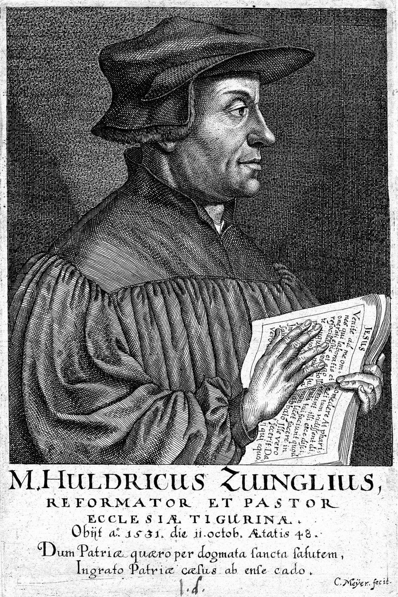 Kuperstich des Künstlers Konrad Meyer (1618-89) mit einem Portät des Schweizer Reformators Ulrich Zwingli (1481-1531) Kuperstich des Künstlers Konrad Meyer (1618-89) mit einem Portät des Schweizer Reformators Ulrich Zwingli (1481-1531)