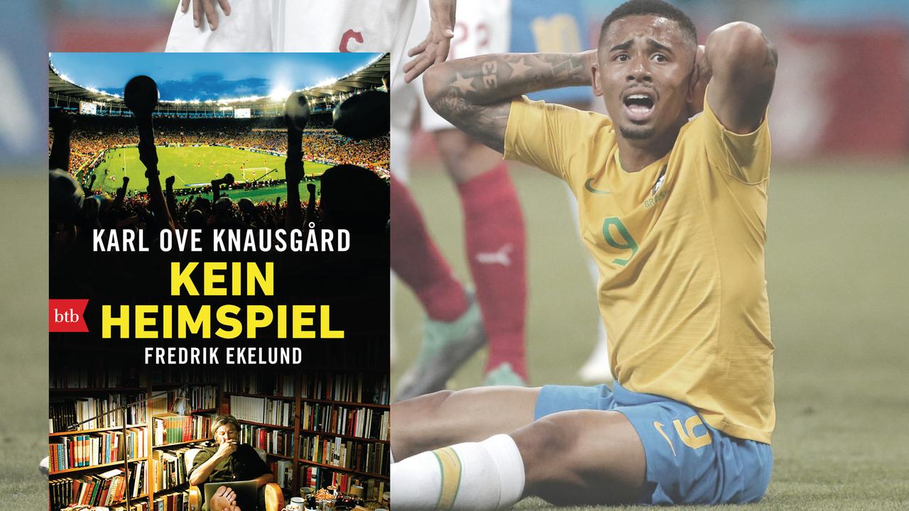 Cover von "Kein Heimspiel" von Karl Ove Knausgard und Fredrik Ekelund, im Hintergrund ein brasilianischer Spieler.