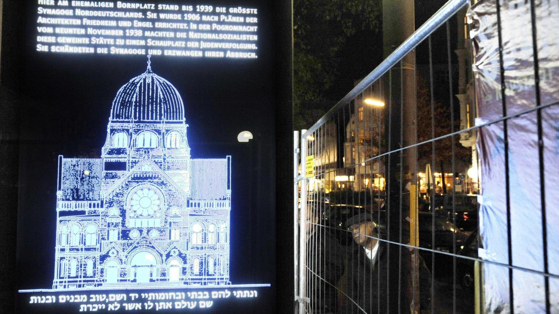 Eine Lichtinstallation vom November 2018 erinnert an die von den Nazis zerstörte Synagoge am früheren Bornplatz in Hamburg Eine Lichtinstallation vom November 2018 erinnert an die von den Nazis zerstörte Synagoge am früheren Bornplatz in Hamburg