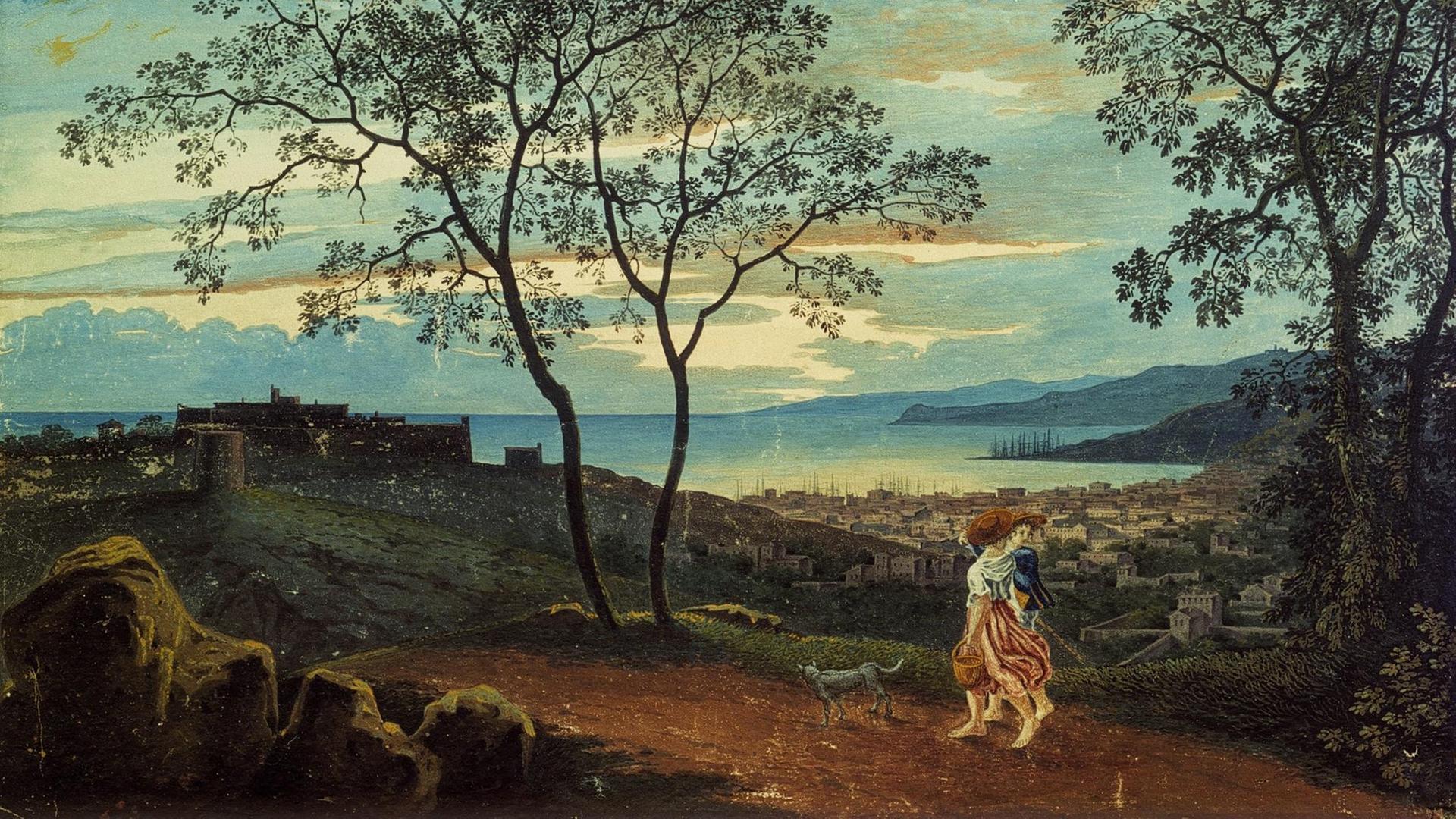 Karl Friedrich Schinkels Aquarell "Blick von den Höhen hinter Triest über die Stadt auf das Meer" (1803). Karl Friedrich Schinkels Aquarell "Blick von den Höhen hinter Triest über die Stadt auf das Meer" (1803).