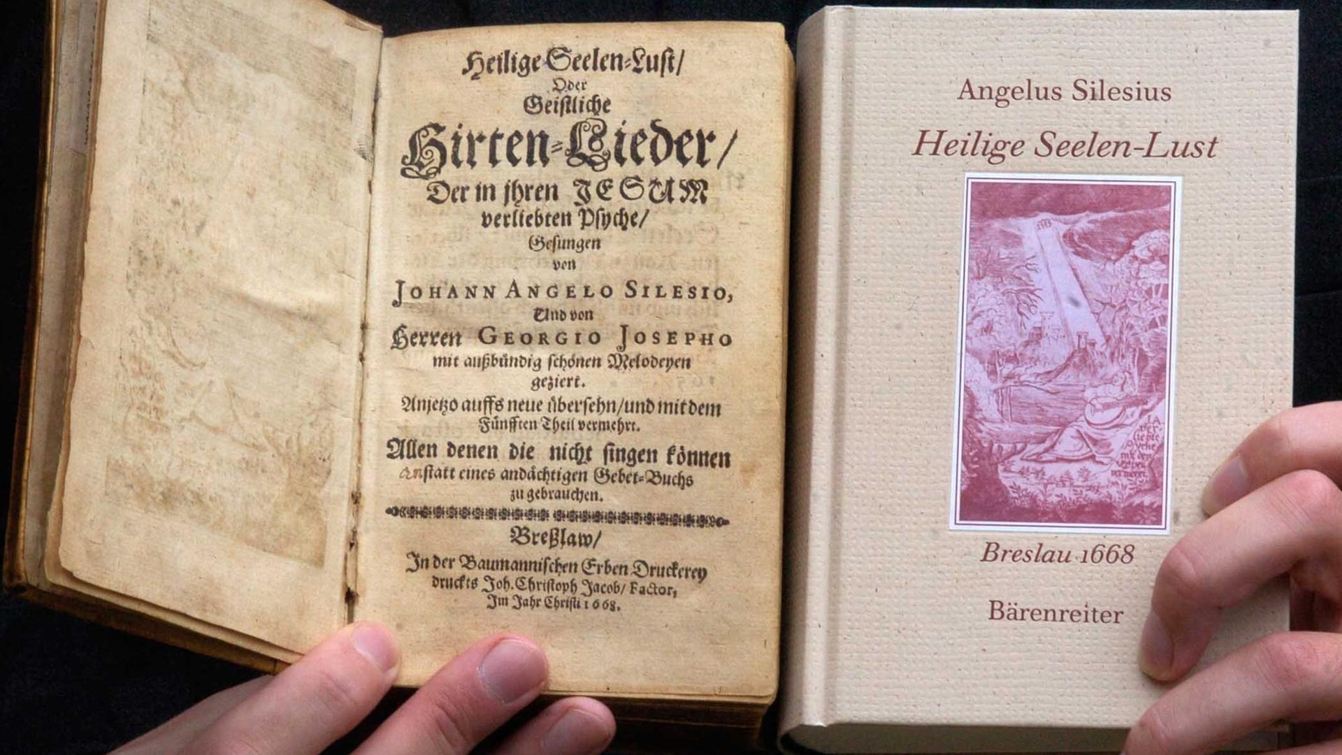 Das Original (l) und ein Reprint der "Hirten-Lieder" von Angelus Silesius