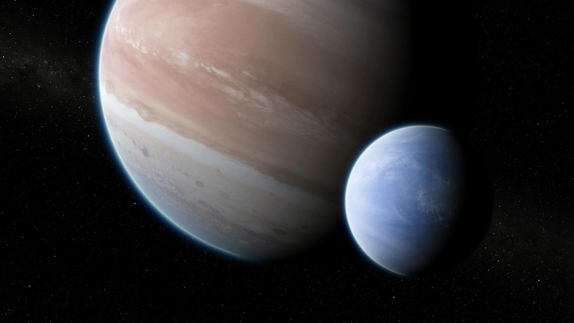 Exoplanet Kepler-1625b mit möglichem Mond (künstlerische Darstellung) Exoplanet Kepler-1625b mit möglichem Mond (künstlerische Darstellung)
