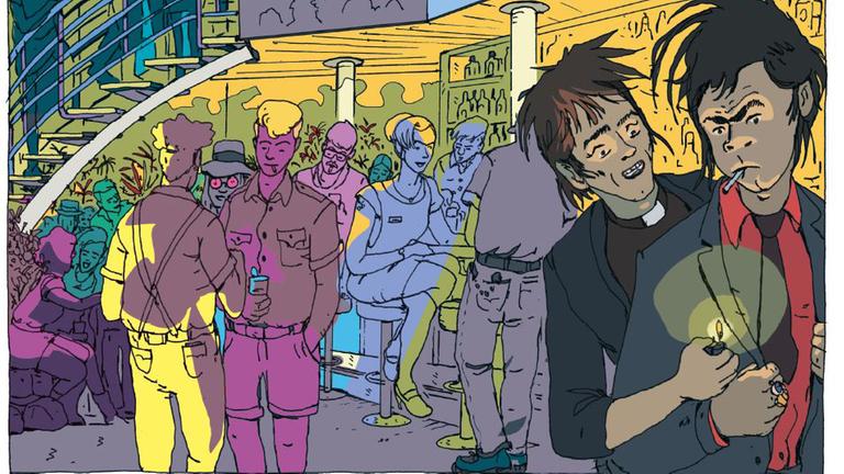 Szene aus der Graphic Novel "Westend": Blixa Bargeld gibt Nick Cave im "Dschungel" Feuer. Szene aus der Graphic Novel "Westend": Blixa Bargeld gibt Nick Cave im "Dschungel" Feuer.