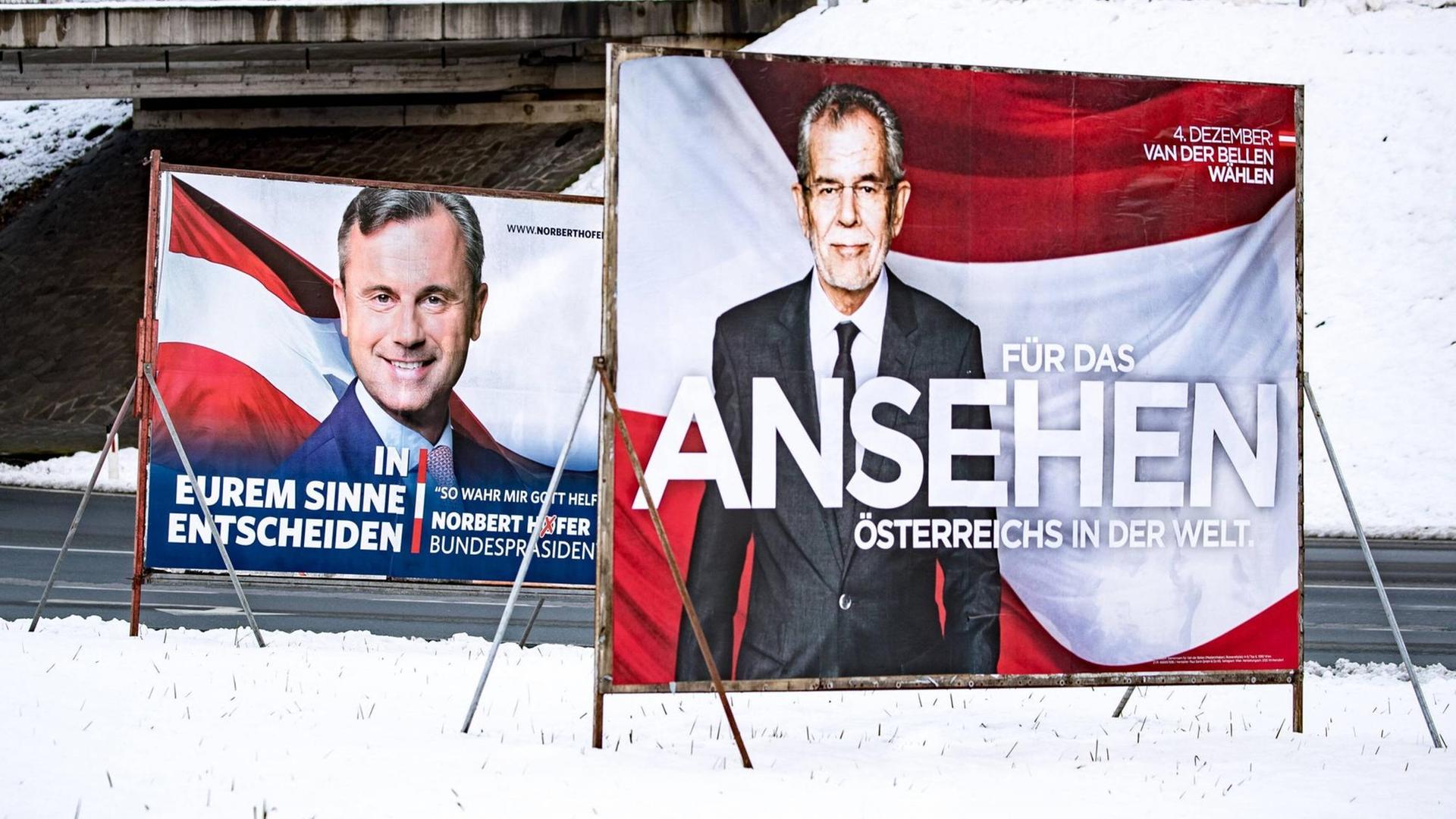 Im Bild Wahlplakate der beiden Kandidaten Norbert Hofer (FPÖ) und Alexander van der Bellen (die Grünen), anlässlich der Wiederholung des zweiten Wahlgangs der Präsidentschaftswahl im Dezember 2016. Im Bild Wahlplakate der beiden Kandidaten Norbert Hofer (FPÖ) und Alexander van der Bellen (die Grünen), anlässlich der Wiederholung des zweiten Wahlgangs der Präsidentschaftswahl im Dezember 2016.
