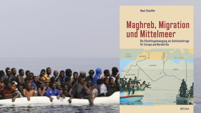 Buchcover; im Hintergrund: Flüchtlinge warten in einem überfüllten Schlauchboot auf Rettung Buchcover; im Hintergrund: Flüchtlinge warten in einem überfüllten Schlauchboot auf Rettung