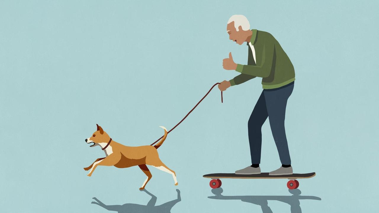 Illustration eines älteren Herren, der sich auf einem Skateboard von seinem Hund ziehen lässt.