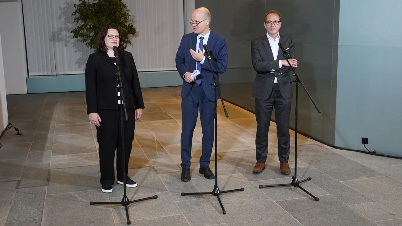 Die SPD-Vorsitzende Andreas Nahles (l-r), Ralph Brinkhaus, CDU-Fraktionsvorsitzender im Deutschen Bundestag, und Alexander Dobrindt, Vorsitzender der CSU-Landesgruppe im Deutschen Bundestag Die SPD-Vorsitzende Andreas Nahles (l-r), Ralph Brinkhaus, CDU-Fraktionsvorsitzender im Deutschen Bundestag, und Alexander Dobrindt, Vorsitzender der CSU-Landesgruppe im Deutschen Bundestag