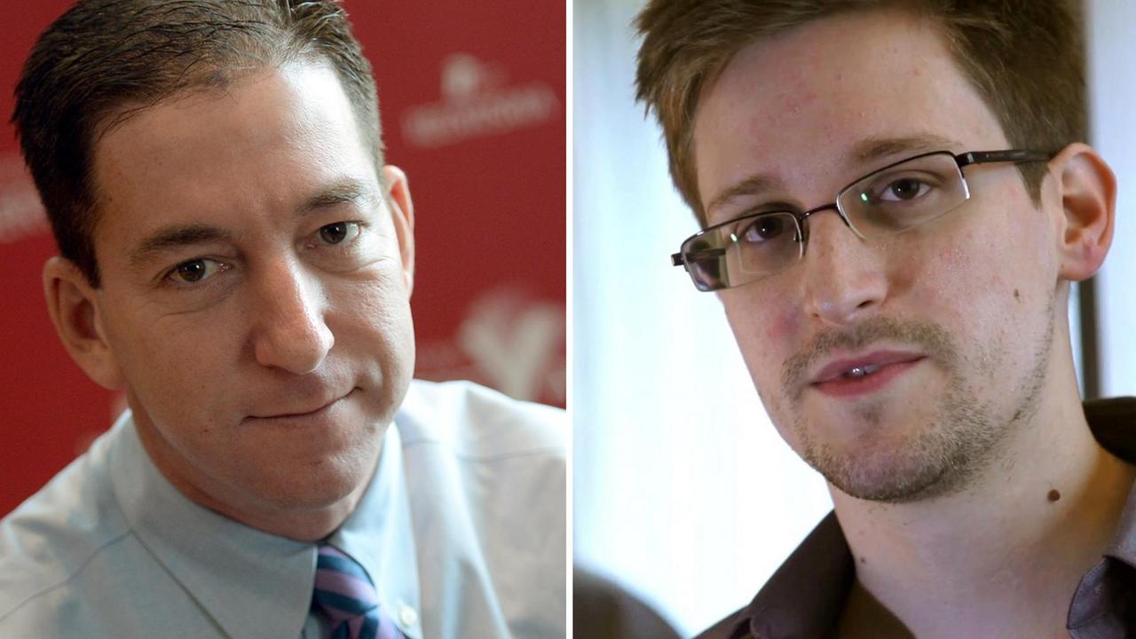 Zwei nebeneinander gestellte Fotos zeigen den US-amerikanischen Journalisten Gleen Greenwald (links) am 10.04.2014 in Berlin und ein Handout-Foto des früheren US-Geheimdienstmitarbeiter Edward Snowden, der am 10.06.2013 in Hong Kong der Zeitung "The Guardian" ein Interview gibt.