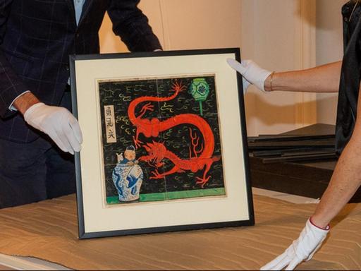 Original-Illustration von Hergé für das Cover des "Tim und Struppi"-Comics "Der Blaue Lotus"