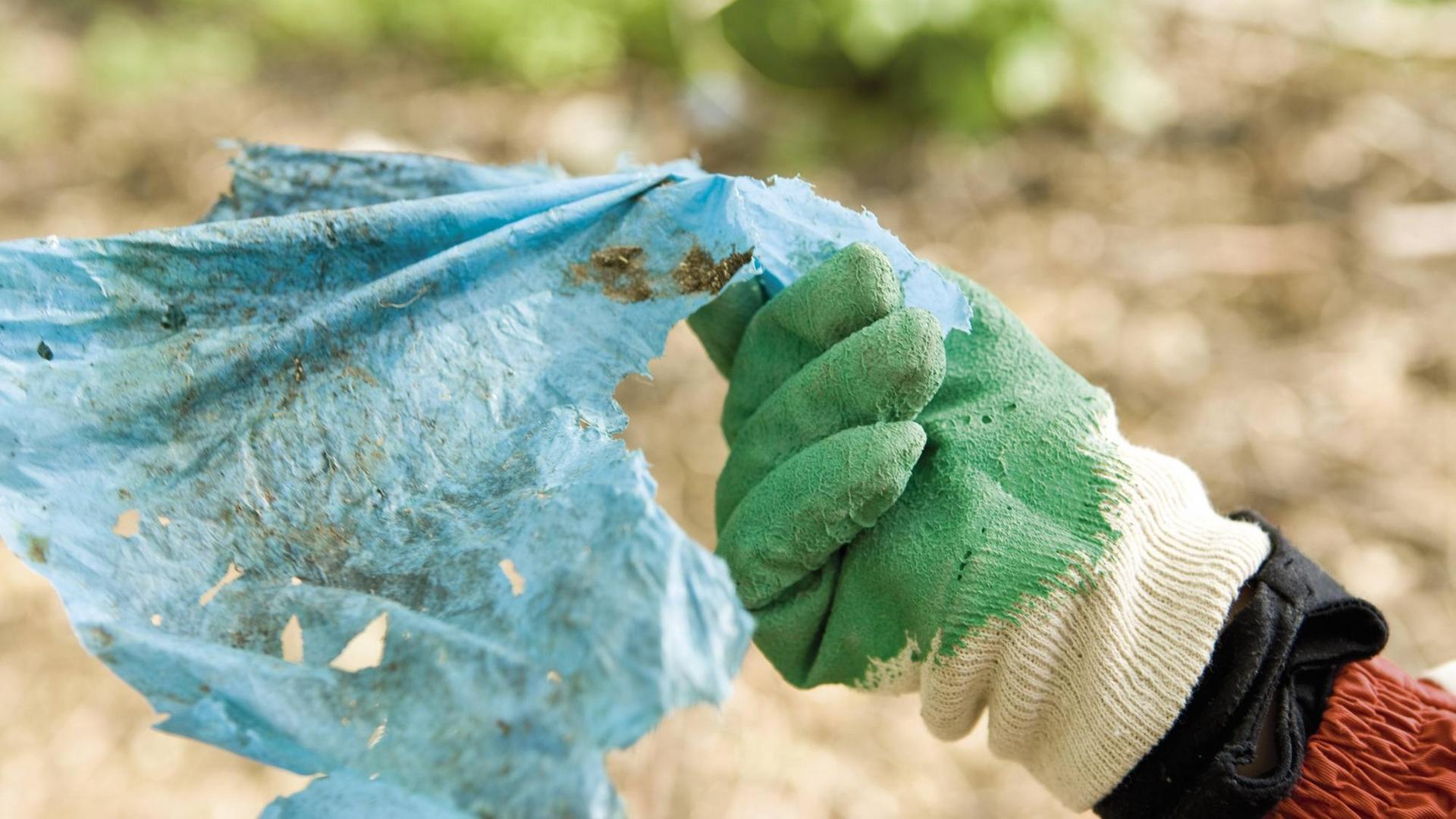 Eine Hand in einem Handschuh hält ein Stück durchlöcherte Plastikfolie. Eine Hand in einem Handschuh hält ein Stück durchlöcherte Plastikfolie.