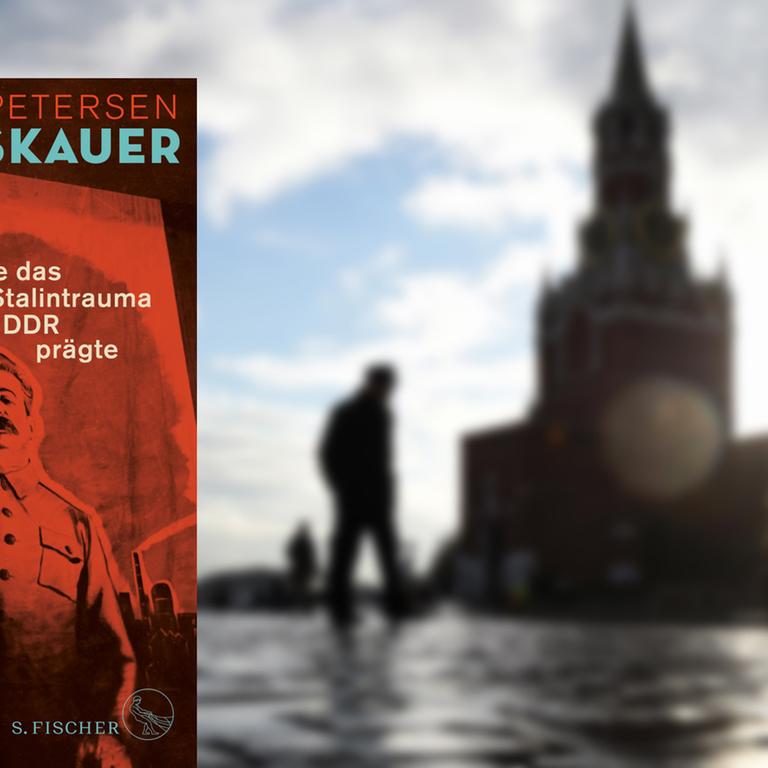 Andreas Petersen zeichnet in seinem Buch ein Porträt "Der Moskauer" in der DDR. Das Foto zeigt das rote Buchcover mit Stalin auf einem Hintergrundbild, das den Roten Platz in Moskau zeigt.