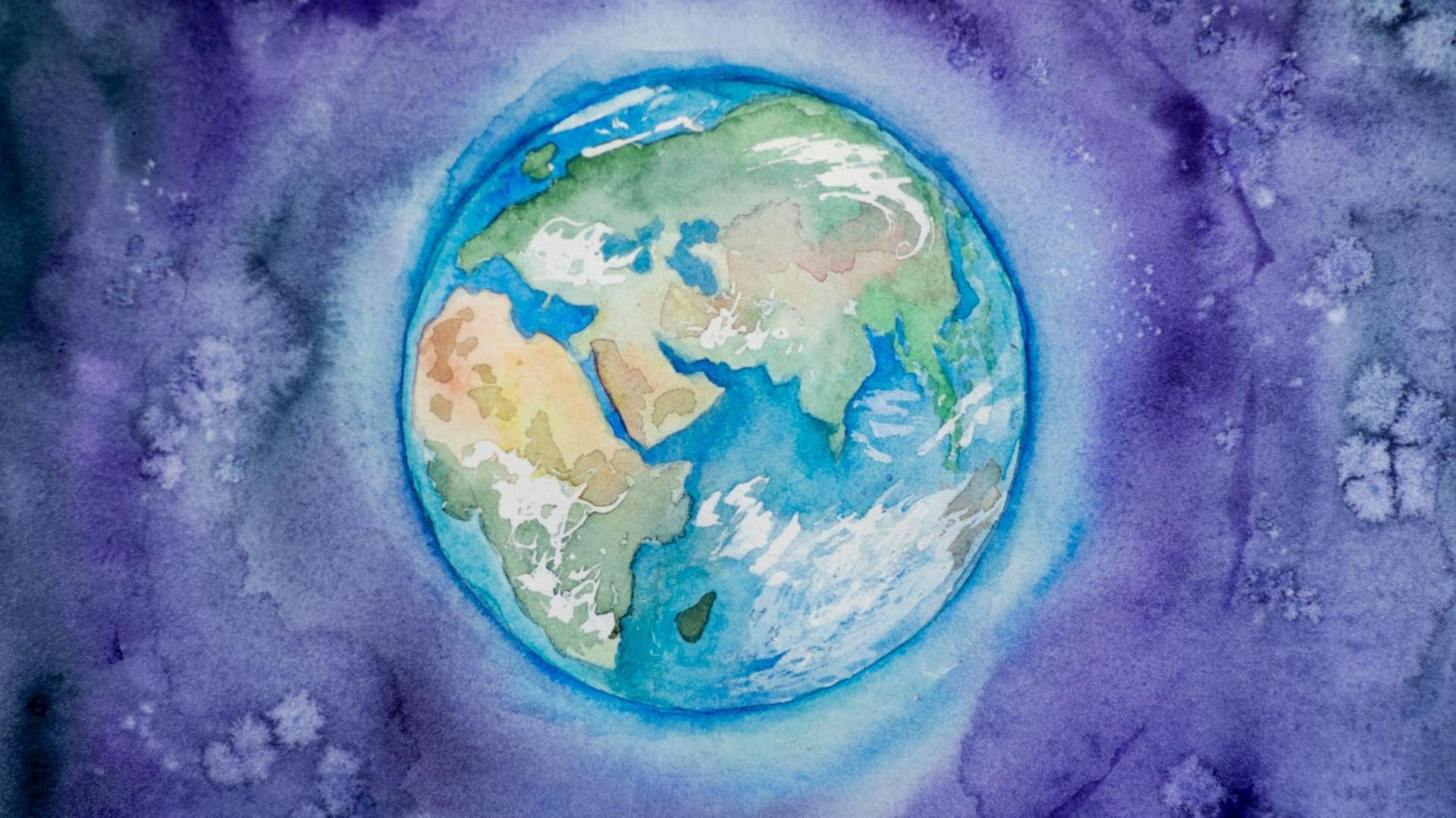Illustration der Erde aus dem Weltraum aus gesehen in Aquarellfarben.