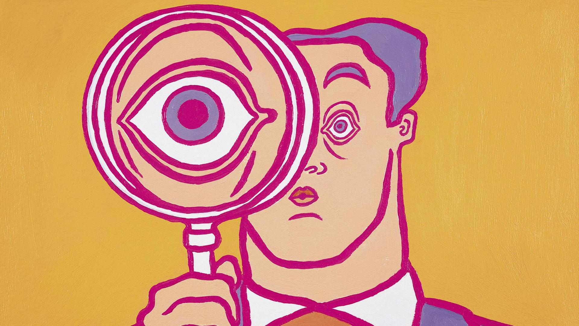 Großes Auge eines Geschäftsmannes hinter einer Lupe (Illustration) Großes Auge eines Geschäftsmannes hinter einer Lupe (Illustration)